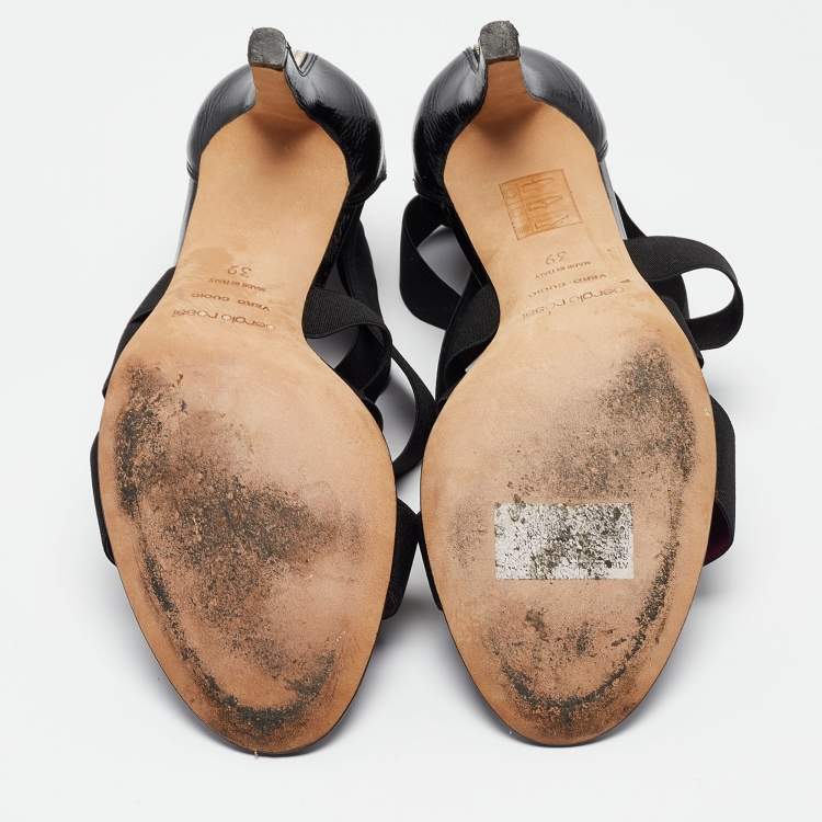 Pre Owned Sergio Rossi Black Leather and Elastic Strappy Sandals Size 39