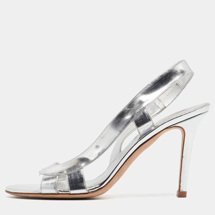 مملوكة مسبقًا Sergio Rossi Silver Leather Strappy Slingback Sandals Size 36.5