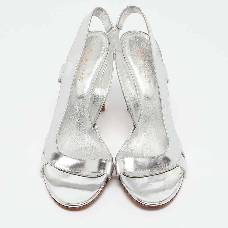 مملوكة مسبقًا Sergio Rossi Silver Leather Strappy Slingback Sandals Size 36.5