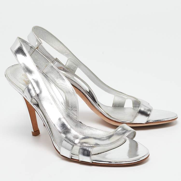 مملوكة مسبقًا Sergio Rossi Silver Leather Strappy Slingback Sandals Size 36.5