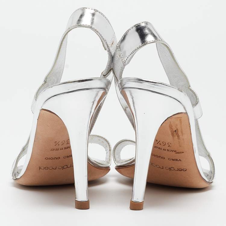 مملوكة مسبقًا Sergio Rossi Silver Leather Strappy Slingback Sandals Size 36.5