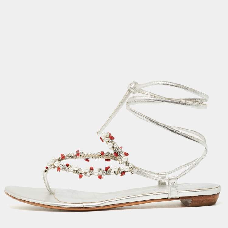 Pre Owned Sergio Rossi Silver Leather Crystal Embellished Ankle Wrap Flat Slides Size 37.5  