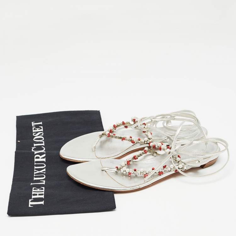 Pre Owned Sergio Rossi Silver Leather Crystal Embellished Ankle Wrap Flat Slides Size 37.5  