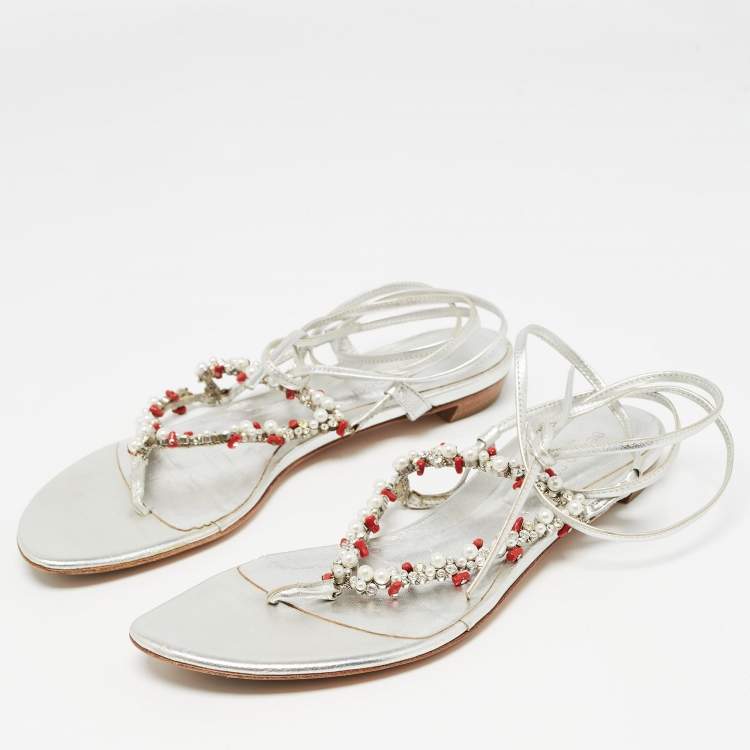 Pre Owned Sergio Rossi Silver Leather Crystal Embellished Ankle Wrap Flat Slides Size 37.5  