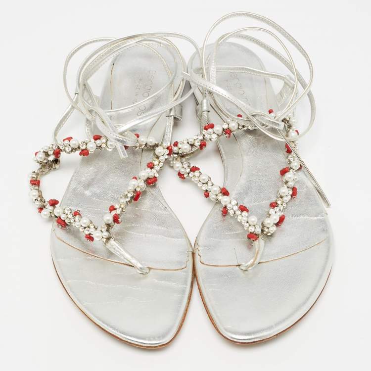 Pre Owned Sergio Rossi Silver Leather Crystal Embellished Ankle Wrap Flat Slides Size 37.5  