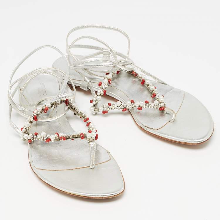 Pre Owned Sergio Rossi Silver Leather Crystal Embellished Ankle Wrap Flat Slides Size 37.5  