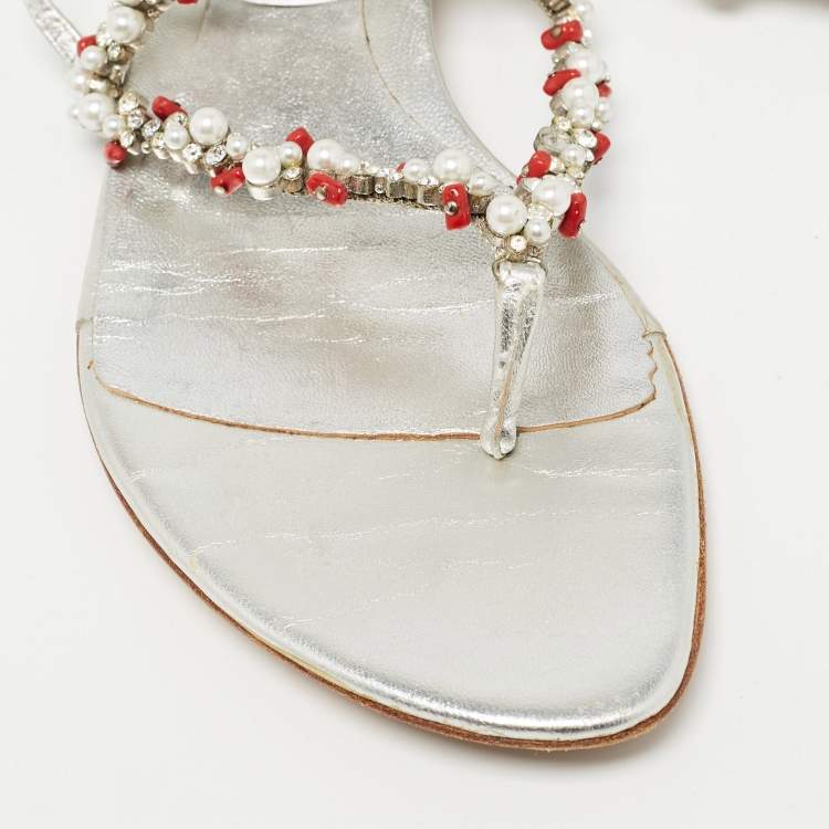 Pre Owned Sergio Rossi Silver Leather Crystal Embellished Ankle Wrap Flat Slides Size 37.5  