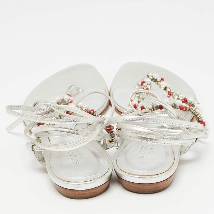 Pre Owned Sergio Rossi Silver Leather Crystal Embellished Ankle Wrap Flat Slides Size 37.5  
