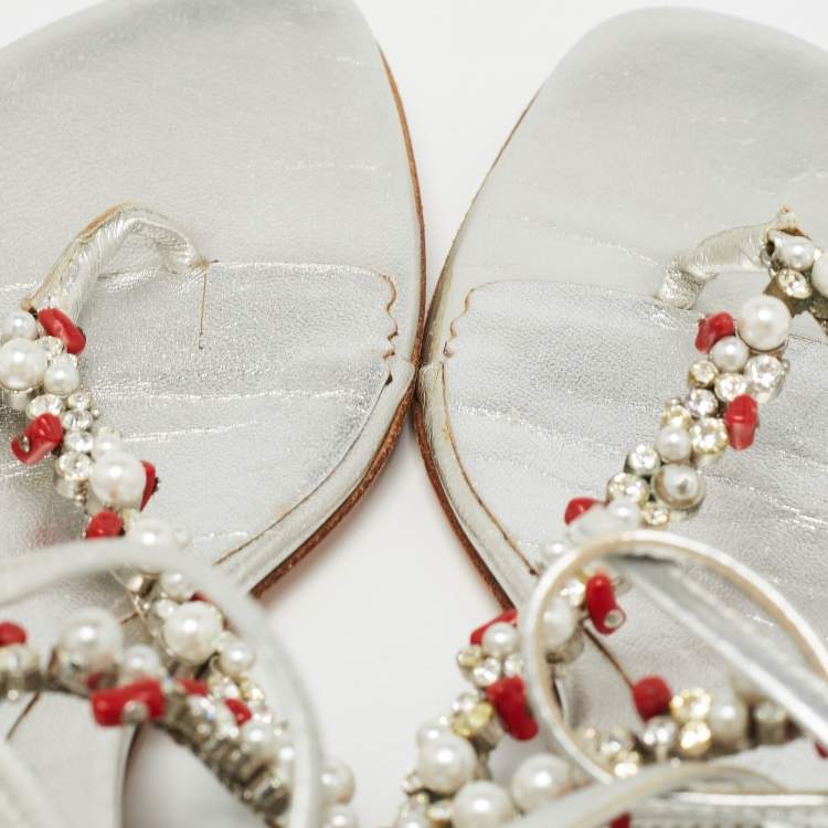 Pre Owned Sergio Rossi Silver Leather Crystal Embellished Ankle Wrap Flat Slides Size 37.5  