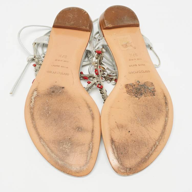 Pre Owned Sergio Rossi Silver Leather Crystal Embellished Ankle Wrap Flat Slides Size 37.5  