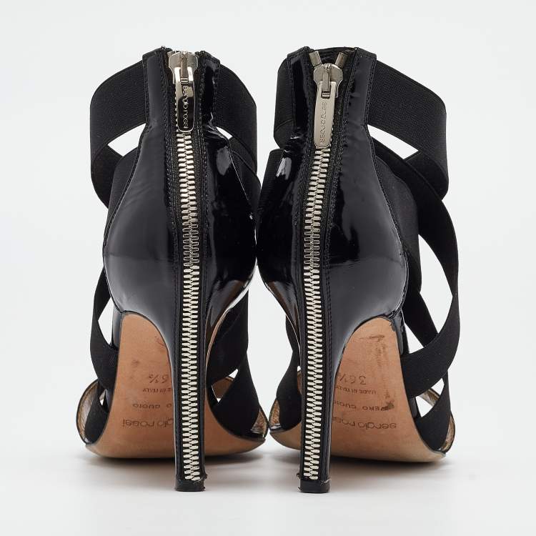 Pre Owned Sergio Rossi Black Patent and Fabric Strappy Sandals Size 36.5