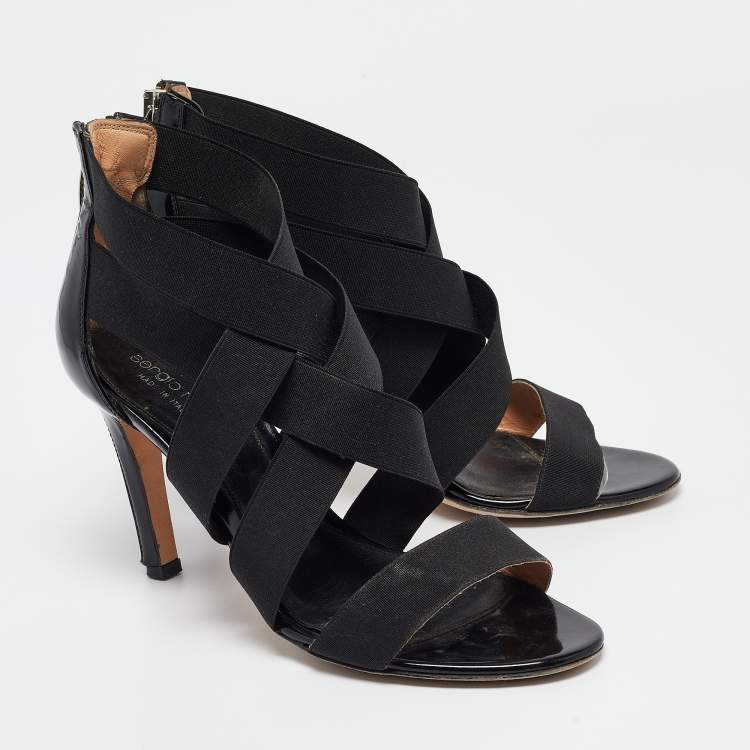 Pre Owned Sergio Rossi Black Patent and Fabric Strappy Sandals Size 36.5