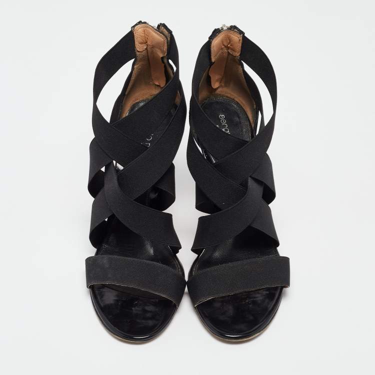 Pre Owned Sergio Rossi Black Patent and Fabric Strappy Sandals Size 36.5