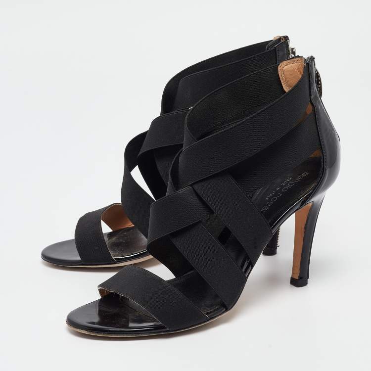 Pre Owned Sergio Rossi Black Patent and Fabric Strappy Sandals Size 36.5