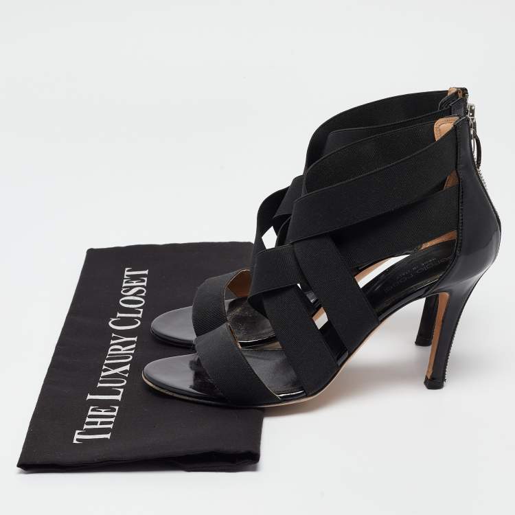Pre Owned Sergio Rossi Black Patent and Fabric Strappy Sandals Size 36.5