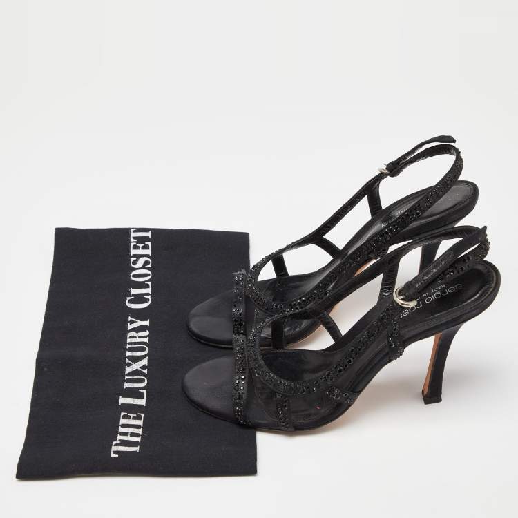 Pre Owned Sergio Rossi Black Satin Crystal Embellished Ankle Strap Sandals Size 37.5