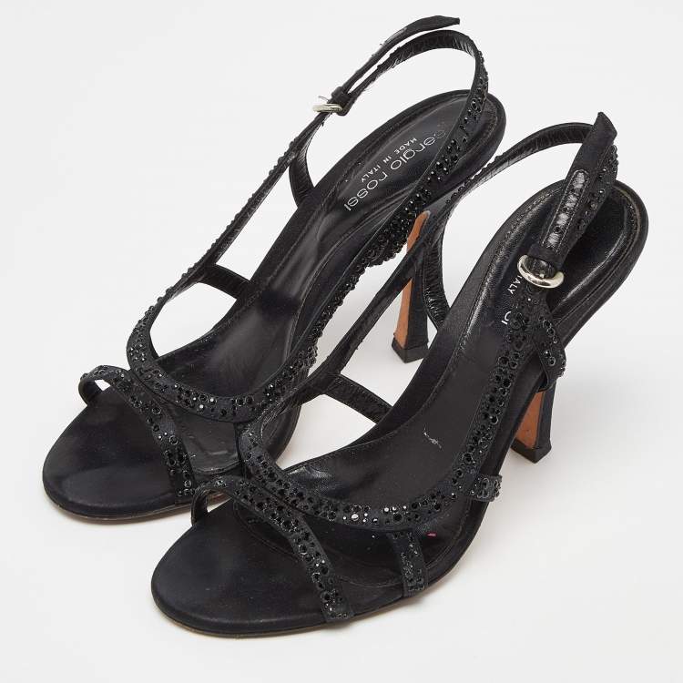 Pre Owned Sergio Rossi Black Satin Crystal Embellished Ankle Strap Sandals Size 37.5
