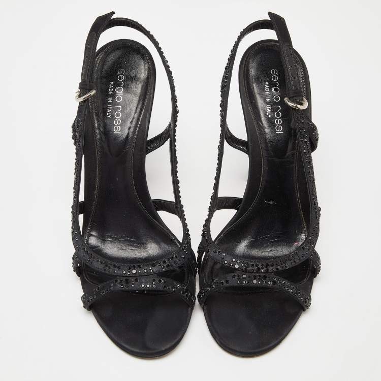 Pre Owned Sergio Rossi Black Satin Crystal Embellished Ankle Strap Sandals Size 37.5