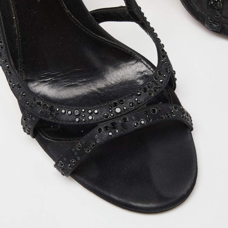 Pre Owned Sergio Rossi Black Satin Crystal Embellished Ankle Strap Sandals Size 37.5