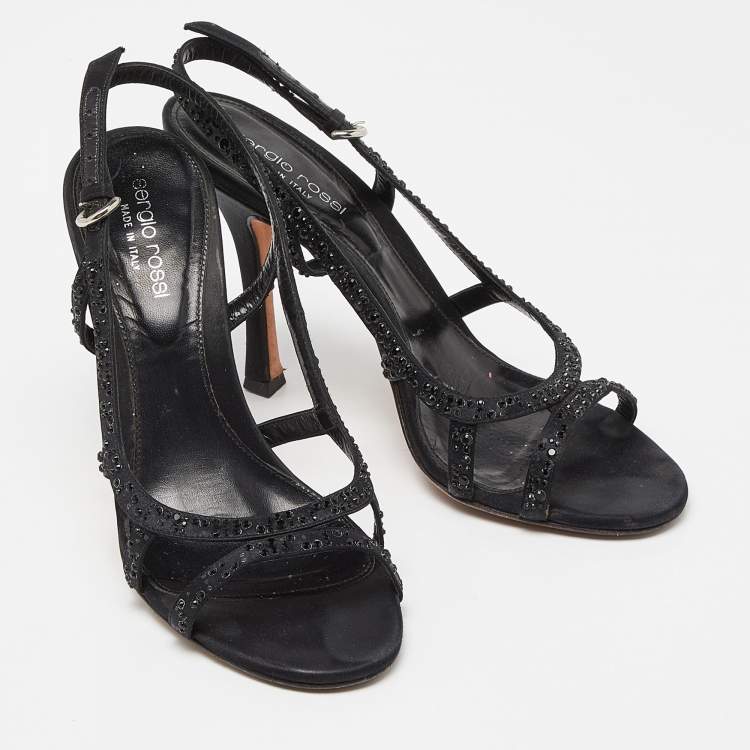 Pre Owned Sergio Rossi Black Satin Crystal Embellished Ankle Strap Sandals Size 37.5
