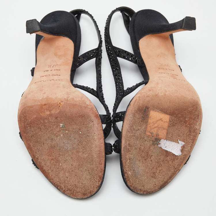 Pre Owned Sergio Rossi Black Satin Crystal Embellished Ankle Strap Sandals Size 37.5