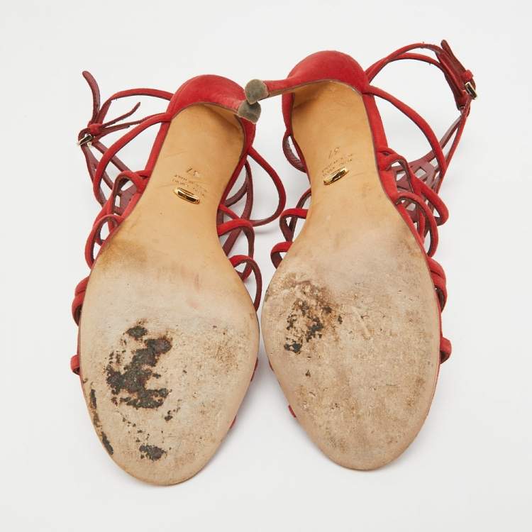 Pre Owned Sergio Rossi Red Suede Puzzle Caged Sandals Size 37