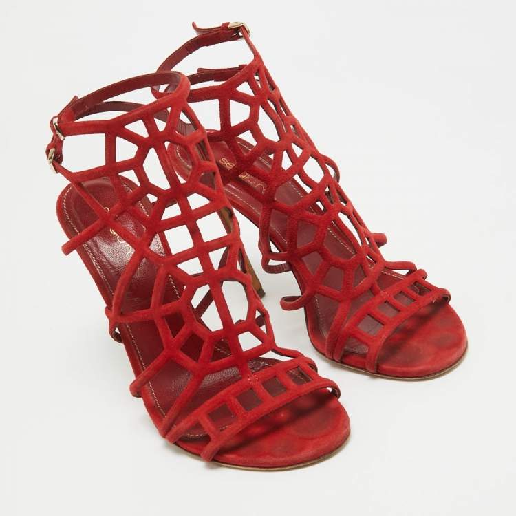 Pre Owned Sergio Rossi Red Suede Puzzle Caged Sandals Size 37