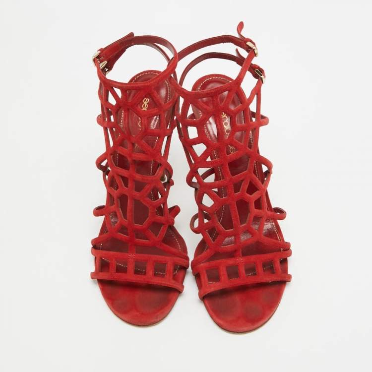 Pre Owned Sergio Rossi Red Suede Puzzle Caged Sandals Size 37
