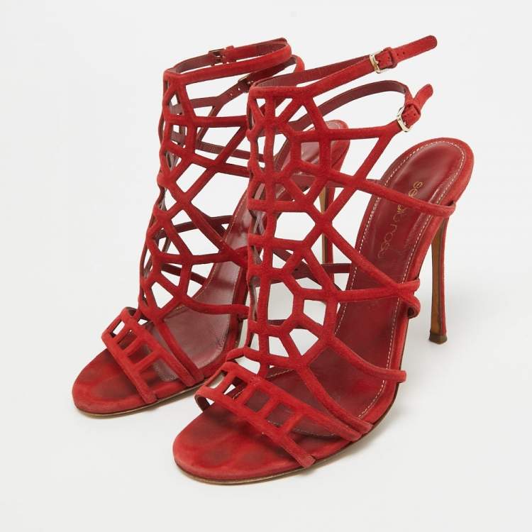 Pre Owned Sergio Rossi Red Suede Puzzle Caged Sandals Size 37