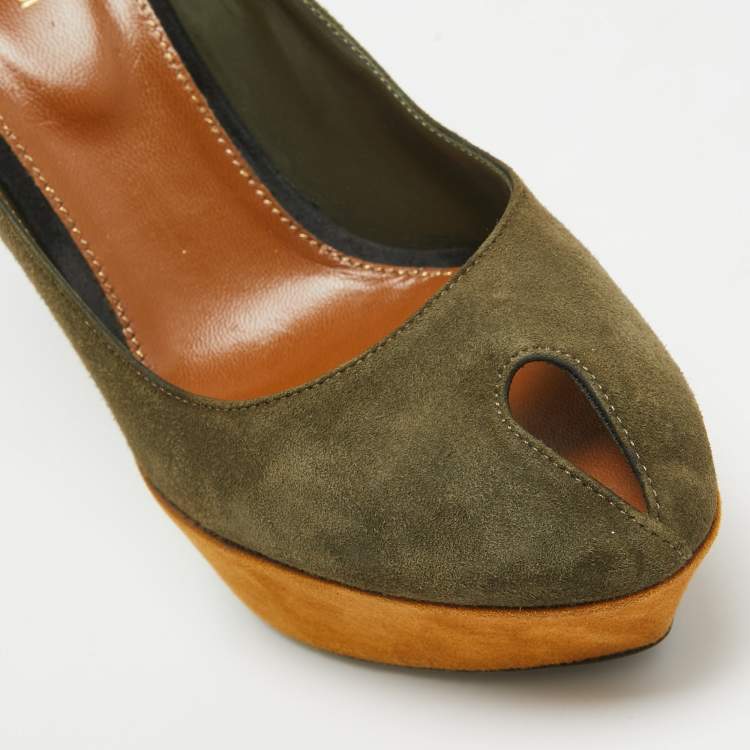 Pre Owned Sergio Rossi Army Green Suede Peep Toe Platform Pumps Size 40