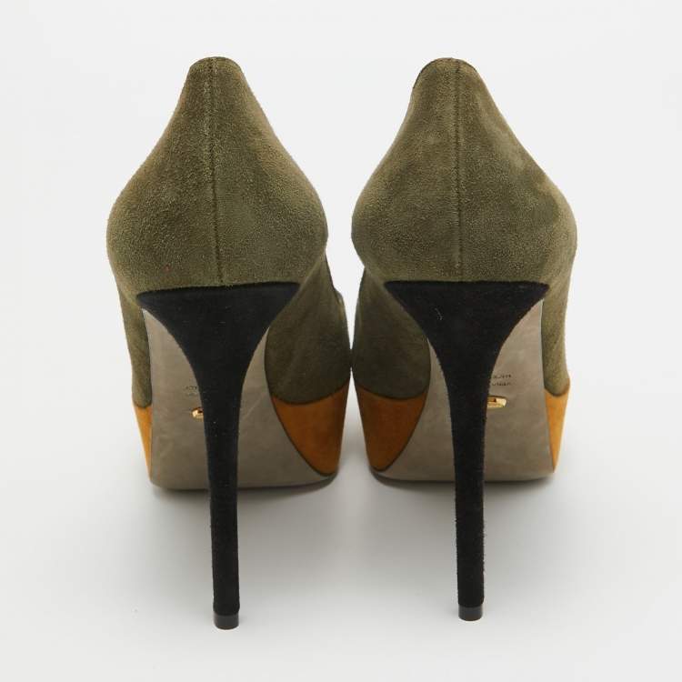 Pre Owned Sergio Rossi Army Green Suede Peep Toe Platform Pumps Size 40