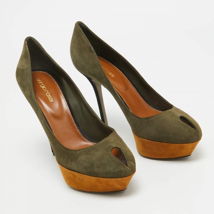 Pre Owned Sergio Rossi Army Green Suede Peep Toe Platform Pumps Size 40