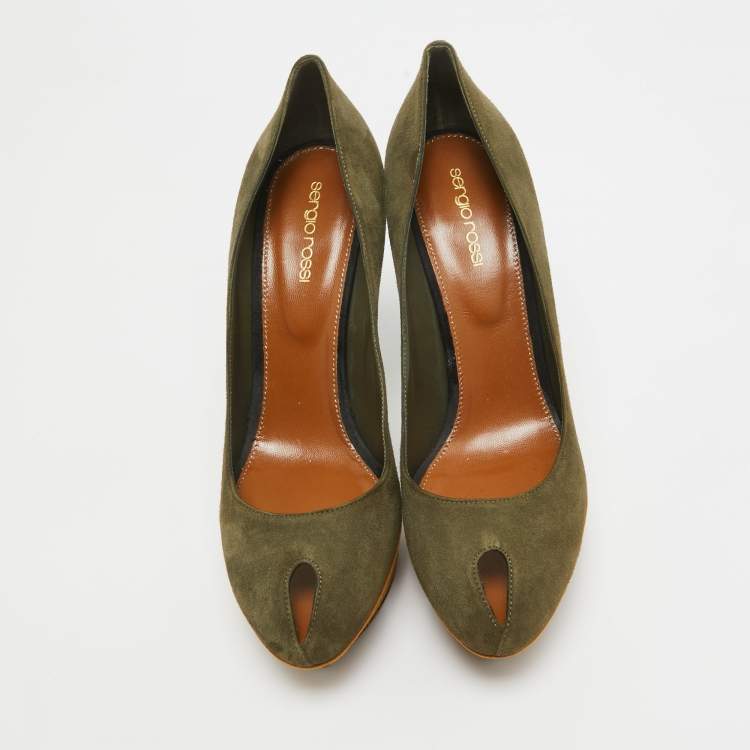 Pre Owned Sergio Rossi Army Green Suede Peep Toe Platform Pumps Size 40