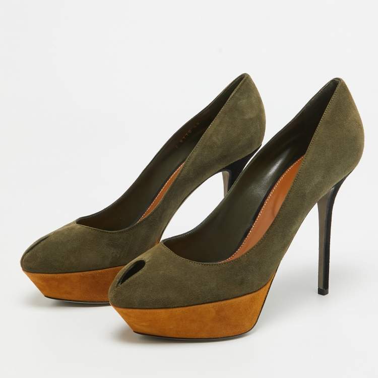 Pre Owned Sergio Rossi Army Green Suede Peep Toe Platform Pumps Size 40