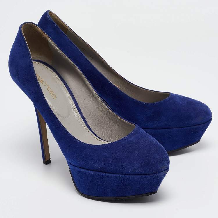 Pre Owned Sergio Rossi Blue Suede Platform Pumps Size 38