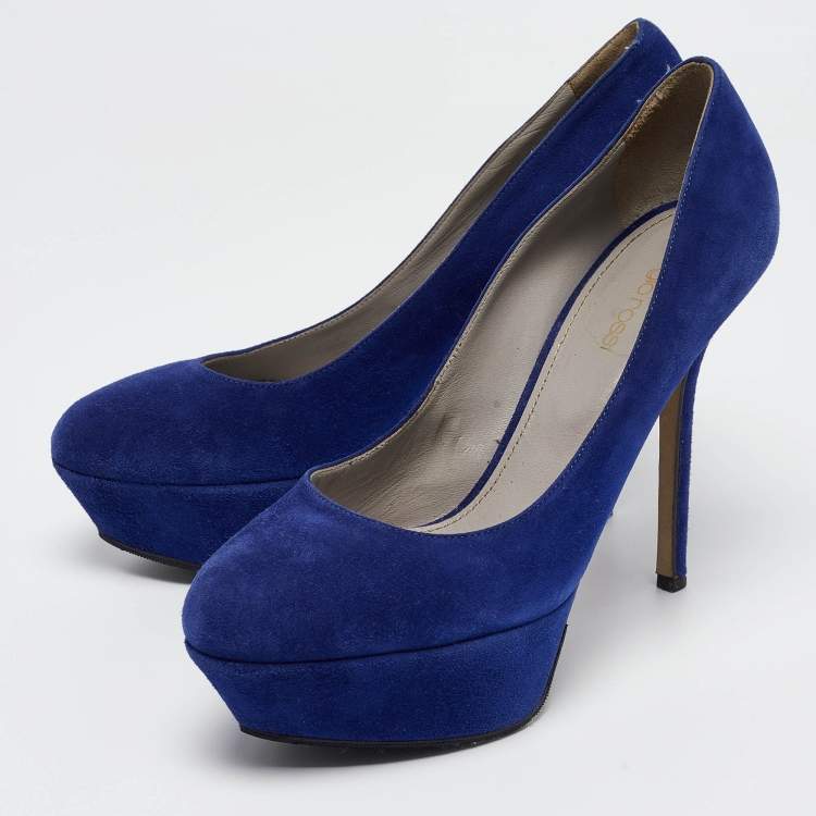 Pre Owned Sergio Rossi Blue Suede Platform Pumps Size 38
