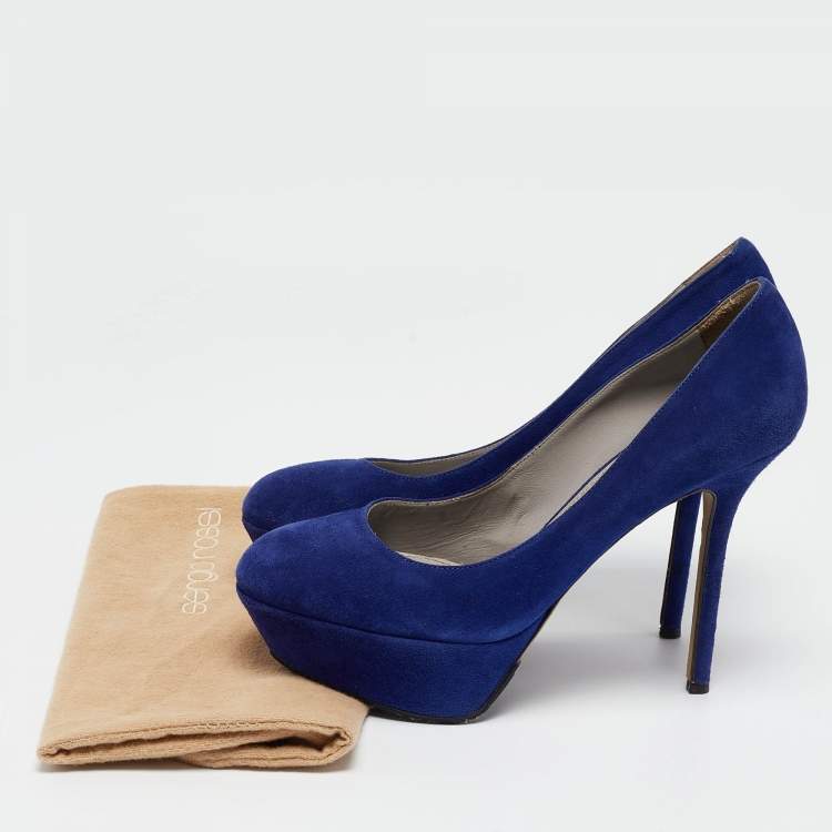 Pre Owned Sergio Rossi Blue Suede Platform Pumps Size 38
