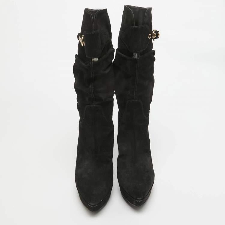 Pre Owned Sergio Rossi Black Suede Buckle Mid Calf Boots Size 40 