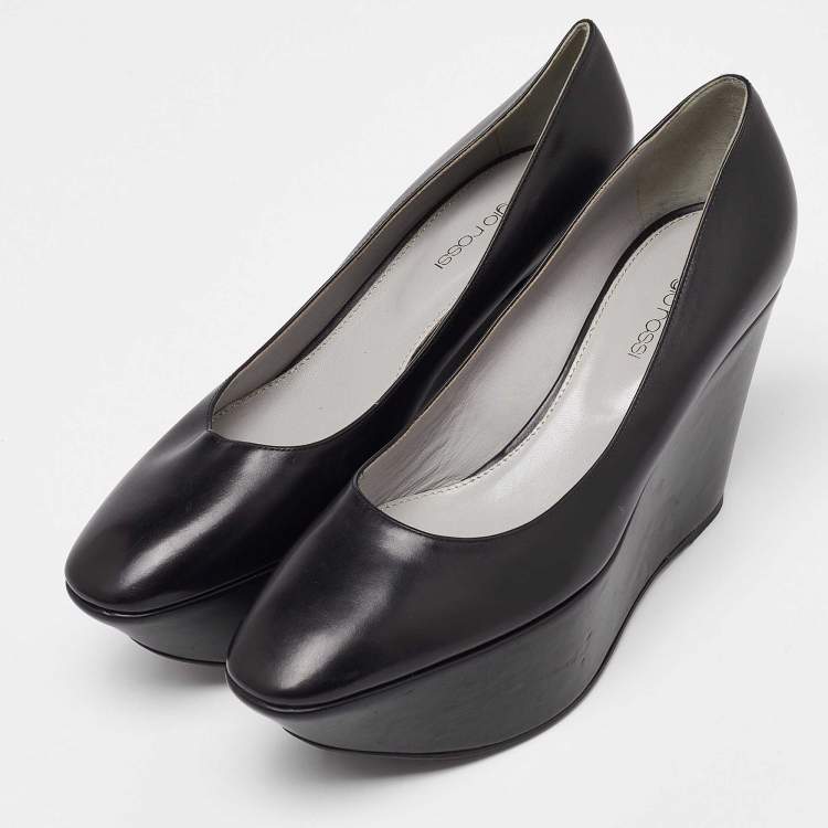 Pre Owned Sergio Rossi Black Leather Wedge Platform Pumps Size 38