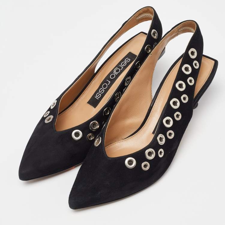 Pre Owned Sergio Rossi Black Suede SR Eyelet Slingback Sandals Size 37