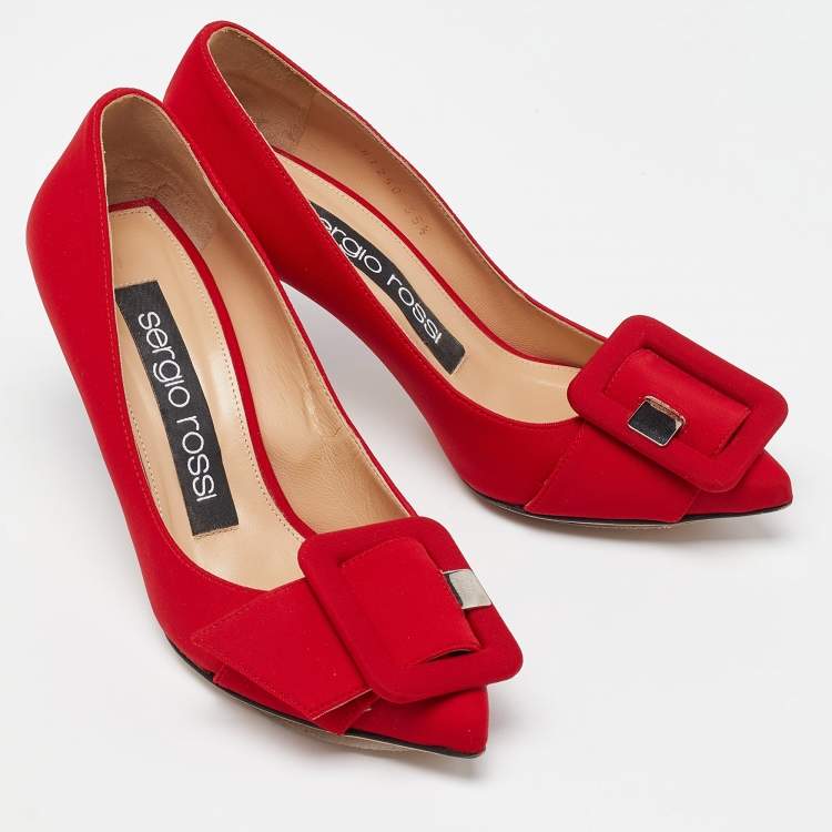 Pre Owned Sergio Rossi Red Satin Buckle Pumps Size 35.5