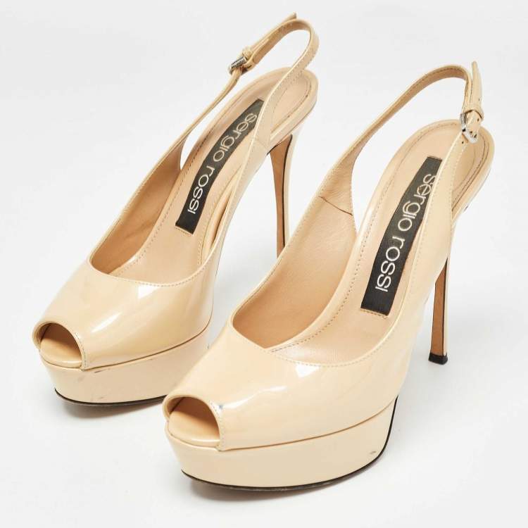 Pre Owned Sergio Rossi Beige Patent Leather Peep Toe Slingback Pumps Size 36