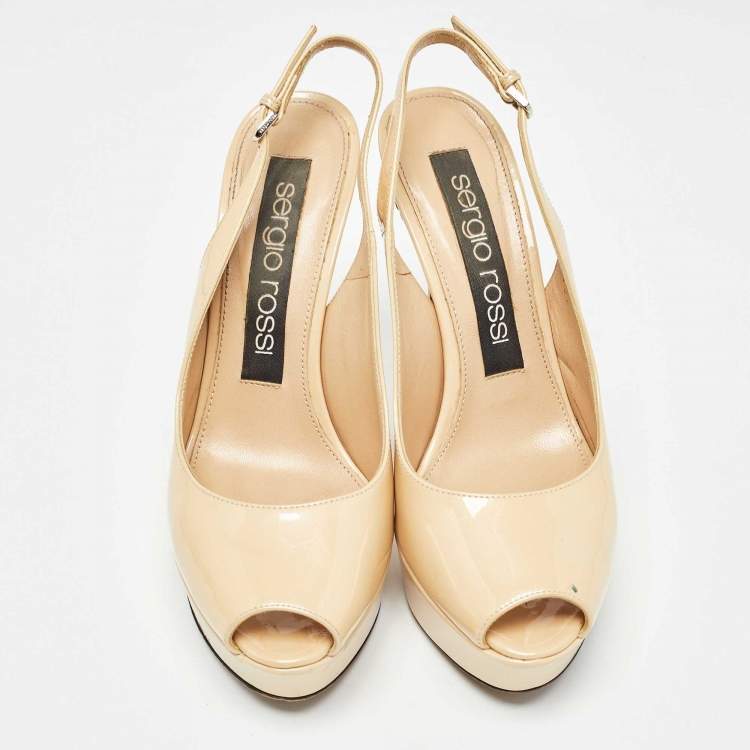 Pre Owned Sergio Rossi Beige Patent Leather Peep Toe Slingback Pumps Size 36