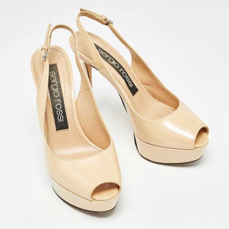 Pre Owned Sergio Rossi Beige Patent Leather Peep Toe Slingback Pumps Size 36