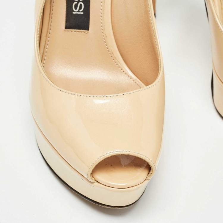 Pre Owned Sergio Rossi Beige Patent Leather Peep Toe Slingback Pumps Size 36