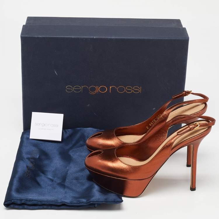 Pre Owned Sergio Rossi Metallic Brown Leather Cachet Peep Toe Platform Slingback Sandals Size 36.5