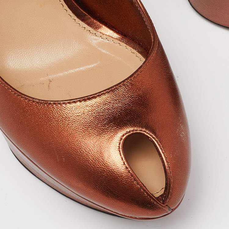 Pre Owned Sergio Rossi Metallic Brown Leather Cachet Peep Toe Platform Slingback Sandals Size 36.5