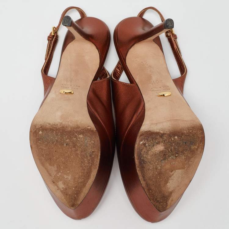 Pre Owned Sergio Rossi Metallic Brown Leather Cachet Peep Toe Platform Slingback Sandals Size 36.5