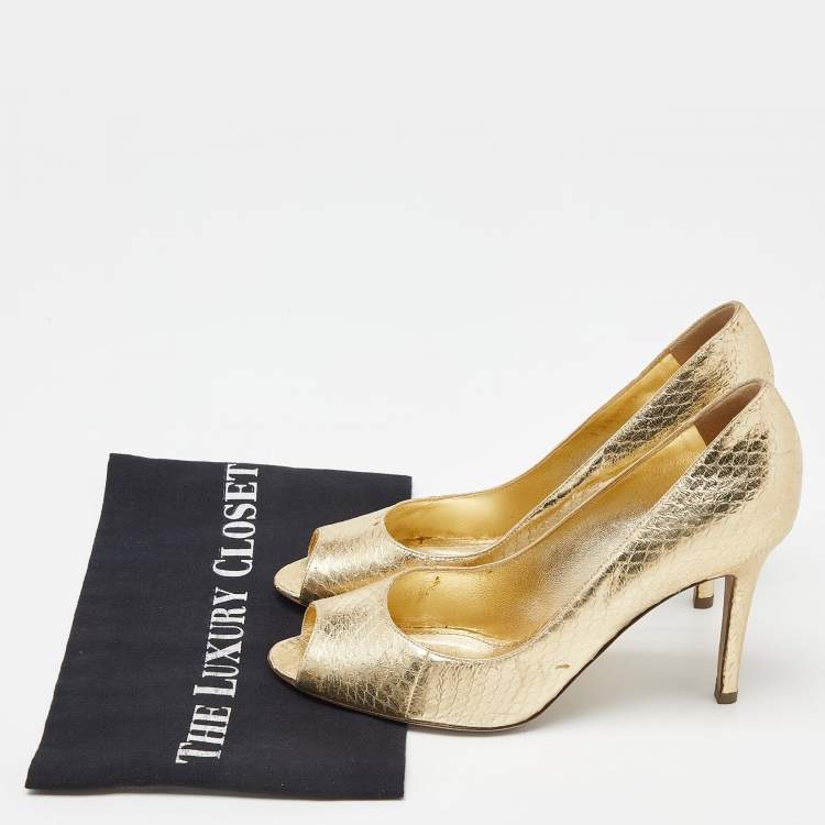 Pre Owned Sergio Rossi Gold Watersnake Leather Peep Toe Pumps Size 39