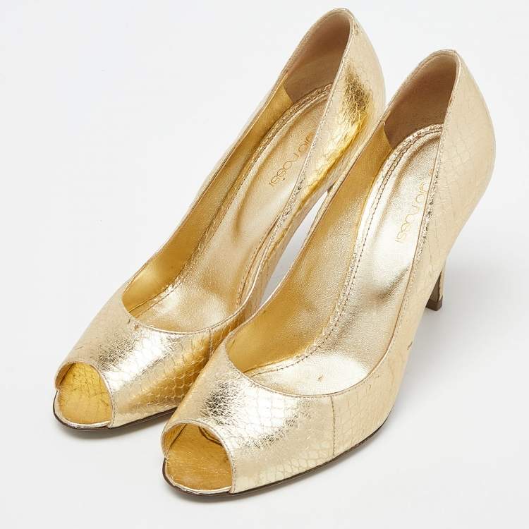 Pre Owned Sergio Rossi Gold Watersnake Leather Peep Toe Pumps Size 39